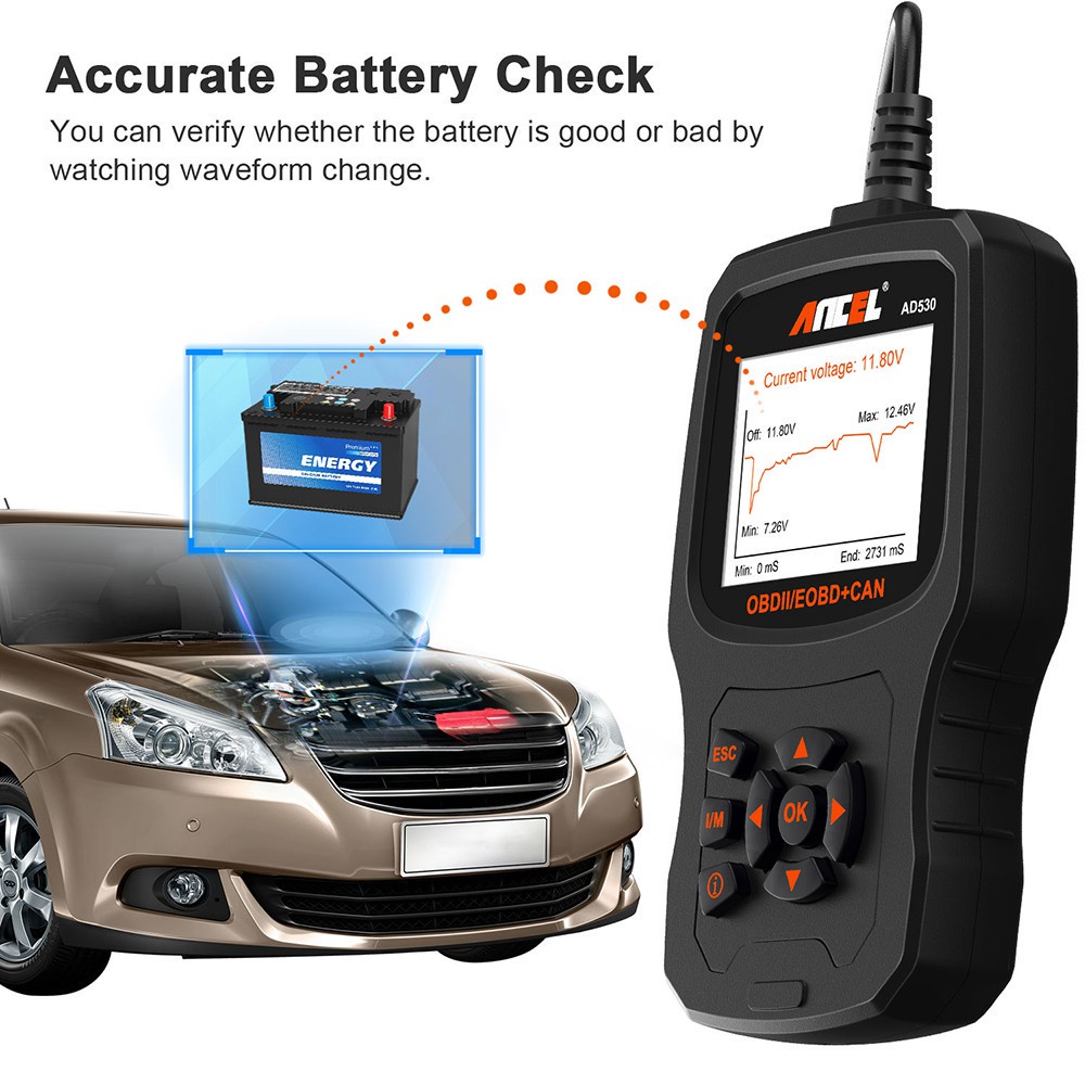 ANCEL AD530 Vehicle OBD2 Scanner Car Code Reader Diagnostic Scan Tool Enhanced Code Definition Upgraded Graphing Battery Status