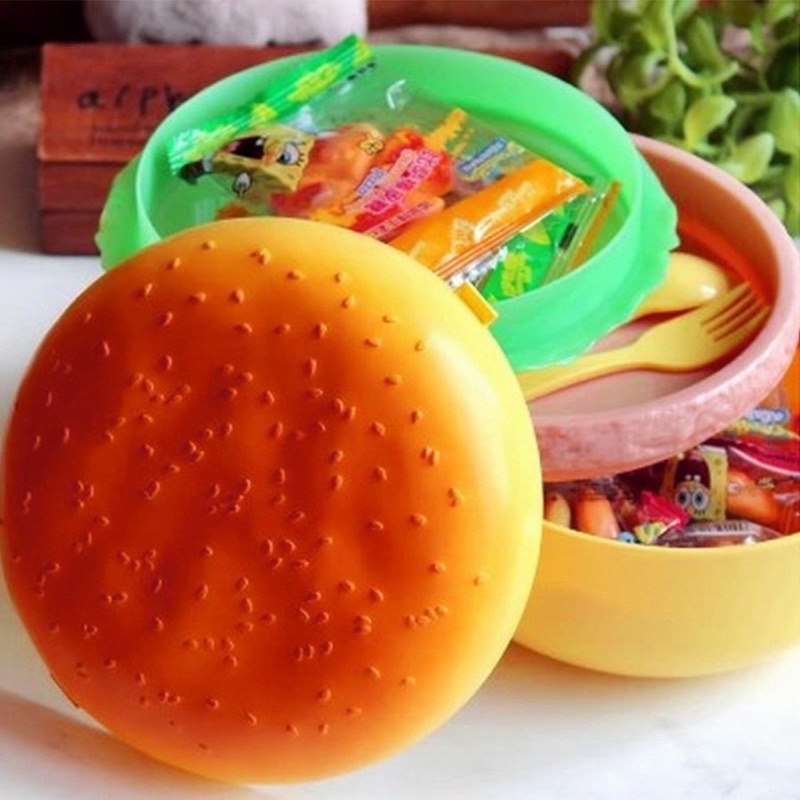 Tempat Bekal / Lunch Box Hamburger Kotak Makan Unik / Ompreng Burger Lucu Susun Wadah Makanan Kekinian