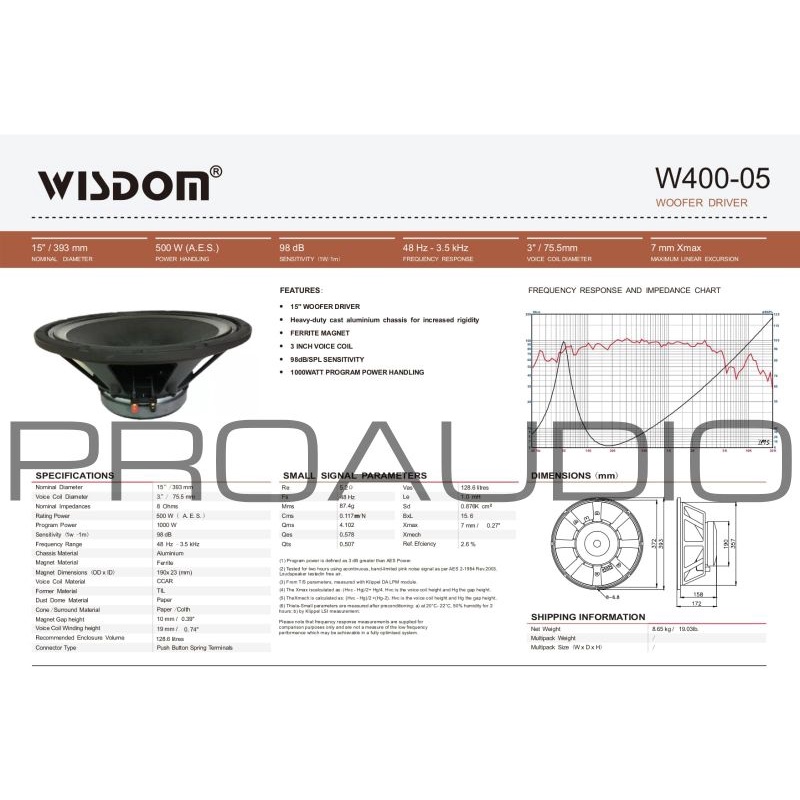 Speaker Wisdom 15 Inch W400-05 W 400 05 W400 05 ORIGINAL 100% WISDOM