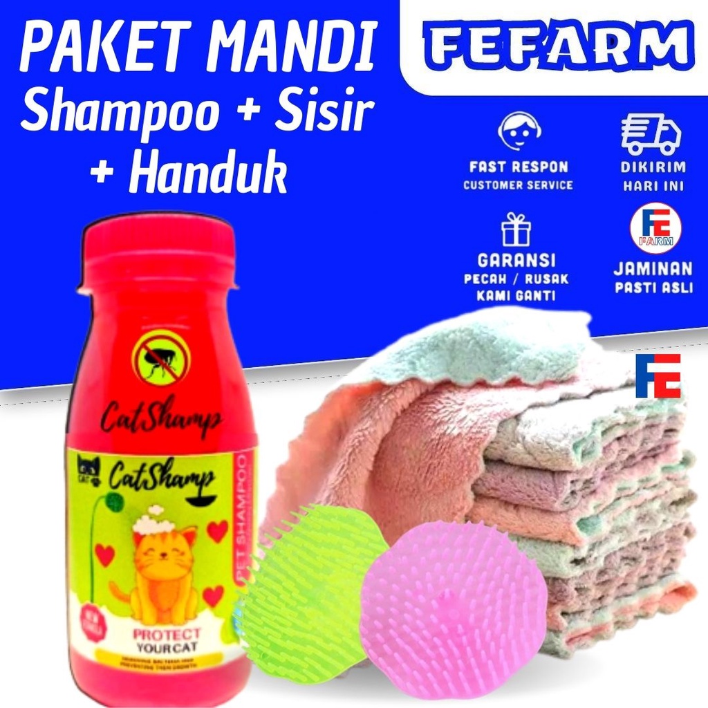 PAKET MANDI KUCING ANJING Dapat Handuk Shampoo Sisir FEFARM