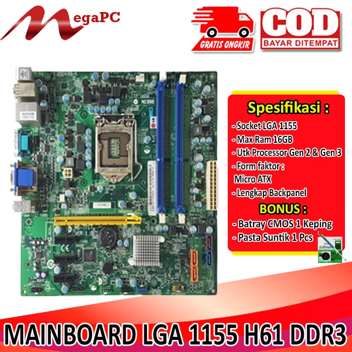 Mainboard Lga 1155 H61 DDR3 Support Ivybridge + Bonus Pasta suntik dan Cmos