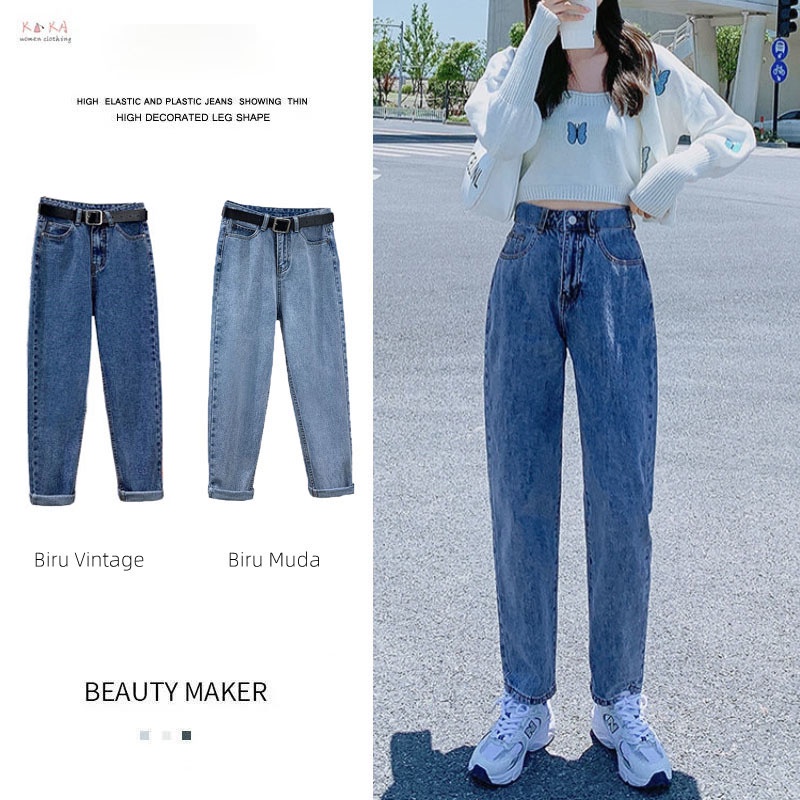 【KAKA】S-2XL Jeans Ramping Pinggang Tinggi Wanita Celana Harem Kaki Lurus