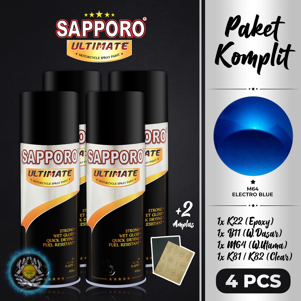 PAKET M64 ELECTRO BLUE SAPPORO ULTIMATE CAT SEMPROT 400 ML CAT MOTOR AEROSOL PYLOX BIRU METALLIC MET