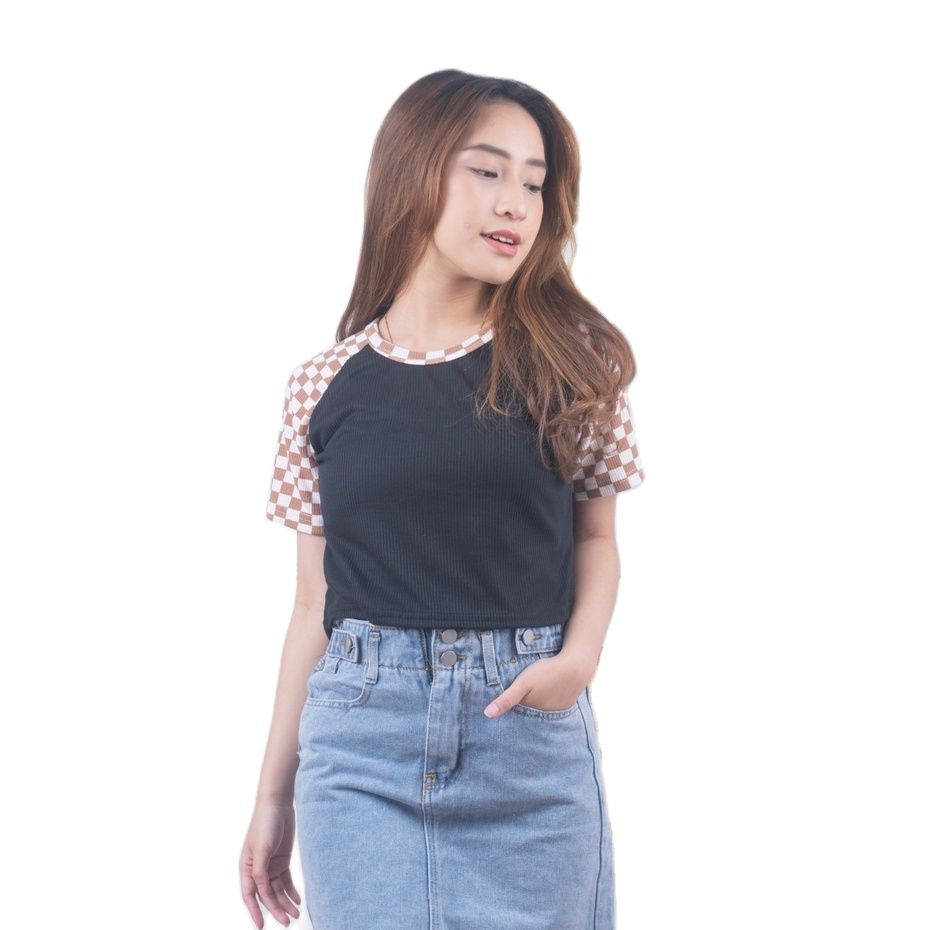 ZASKIYA - Black Chess Crop Top Rib Checker Catur Combination / Crop Tee Korean Style