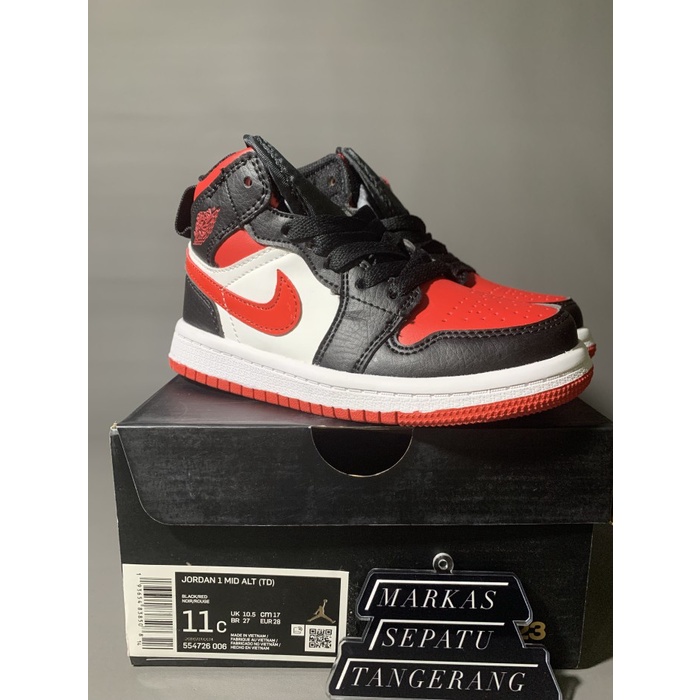 {RaditStore} Nike Air Jordan 1 Kids Mid Black / Chilli Red-White PK GOD BNIB Murah