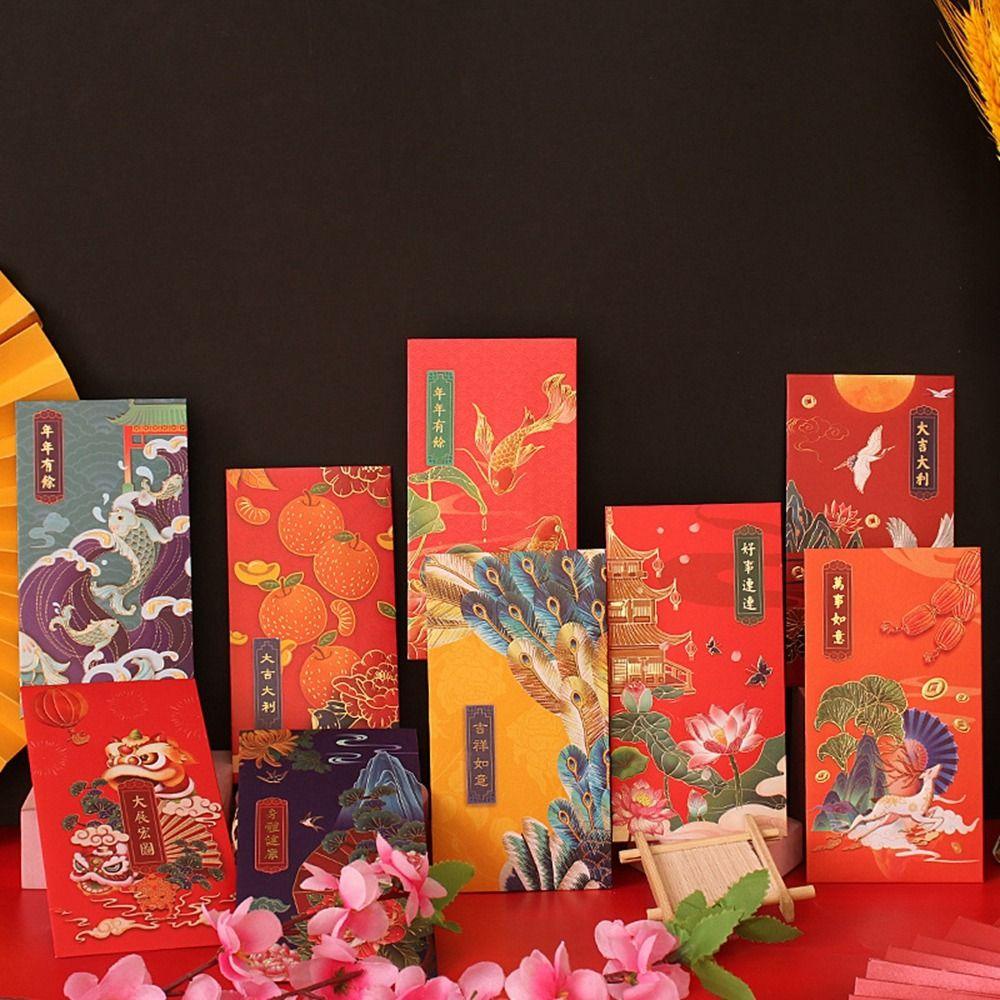 [Elegan] Saku Merah 6 Pcs Kreatif Uang Keberuntungan Hot-Stamping Festival Musim Semi Dekorasi Derek Berkat Saku