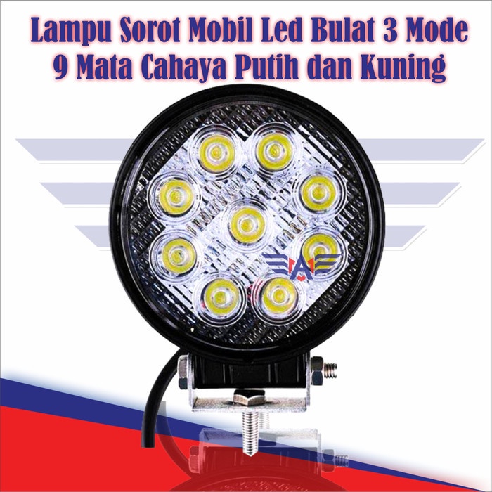 Lampu Sorot Mobil Led Bulat 3 Mode 9 Mata Cahaya Putih dan Kuning
