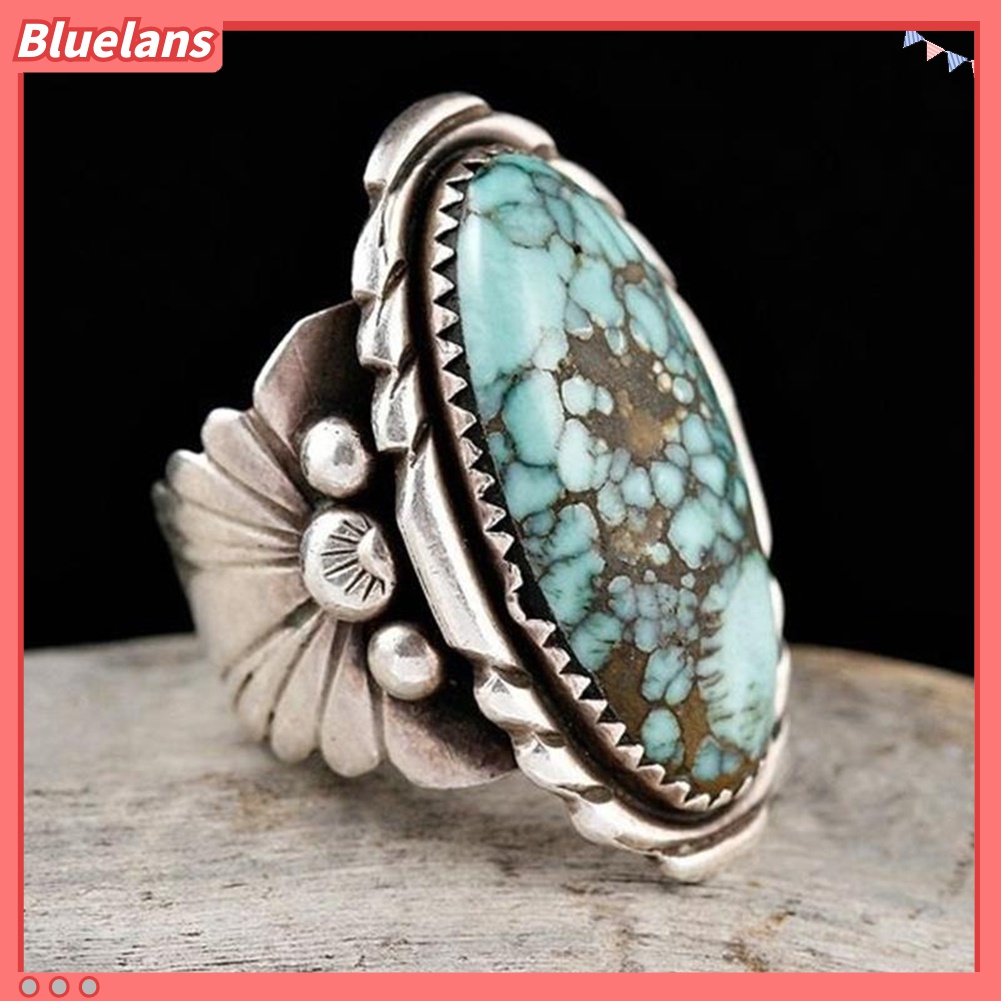 Cincin Antik Desain Ukir Aksen Turquoise Oval Untuk Pria Dan Wanita