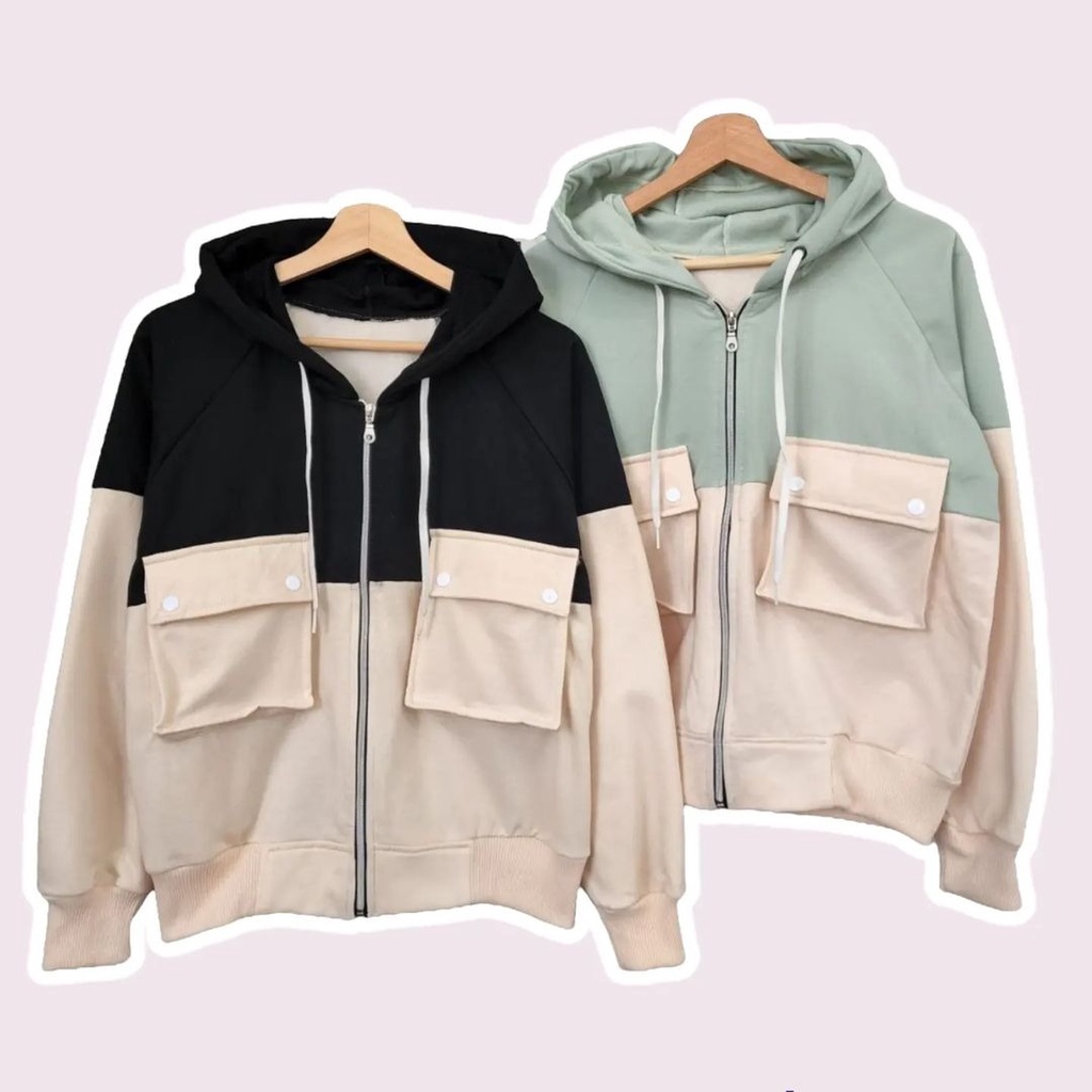 Two tone pocket jacket | outer pocket wanita | outer fleece wanita