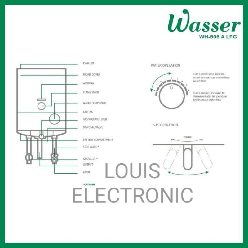 Water Heater Gas WASSER WH 506A WH-506A LPG Pemanas Air Tabung Gas