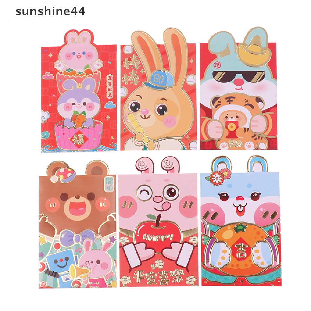 Sunshine 6Pcs Amplop Angpao Tahun Baru Cina / Imlek Gambar Kartun Kelinci Warna Merah 2023