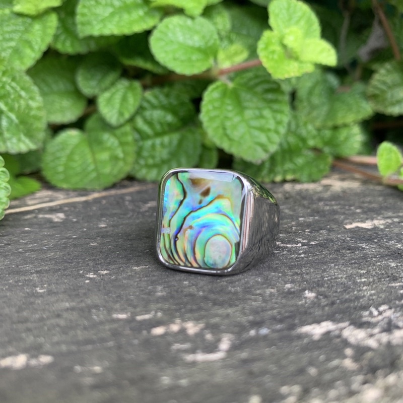 Cincin Batu Kerang Mutiara Abalone Shell Rainbow Ring Titanium Stainless Steel