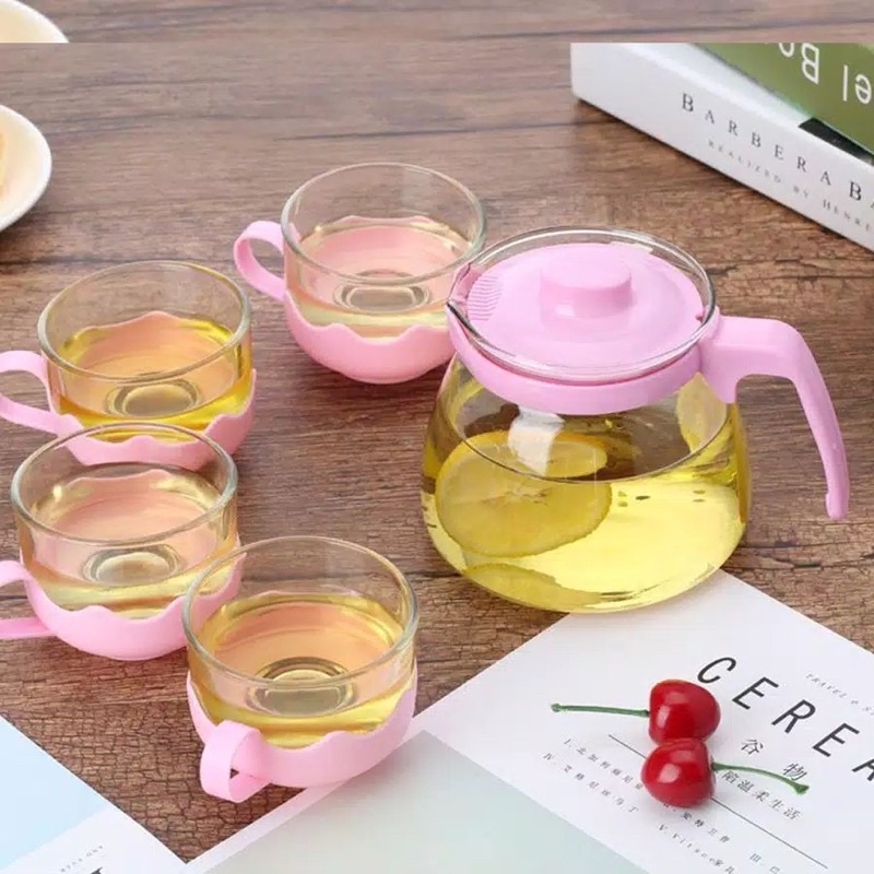 Teko Tea Pot Set 5IN1 Kaca - Tempat Minum Tea Pot Set Dan Gelas - Sounvenir Teko Set Cangkir Kaca