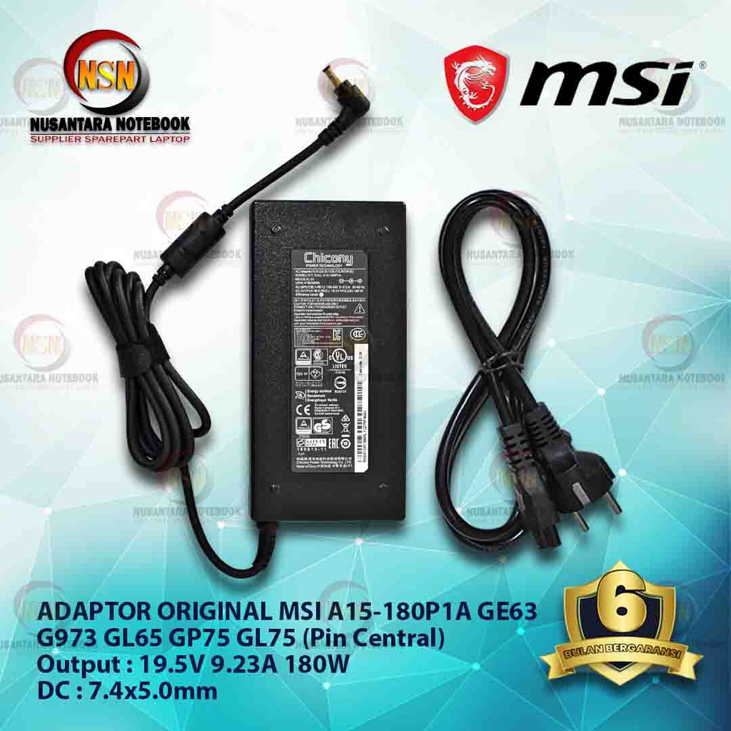 Adaptor Original MSI GE63 G973 GL65 19.5V 9.23A 180W DC 7.4x5.0mm A15-180P1A (Pin Central)  Deskripsi Produk Model No: A15-180P1A Output: 19.5V 9.23A 180W DC 7.4x5.0mm Termasuk Kabel Power  Kondisi: 100% Baru  Garansi 6 Bulan Replace Unit  ===============