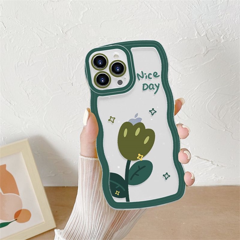 Soft Case Silikon Transparan Motif Bunga Hijau Untuk iPhone 14 13 12 11 Pro Max X Xr Xs Max 8 7 6 6s Plus