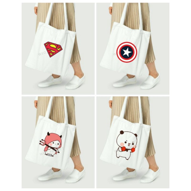 Totebag Wanita Pakai Resleting Totebag Putih karakter