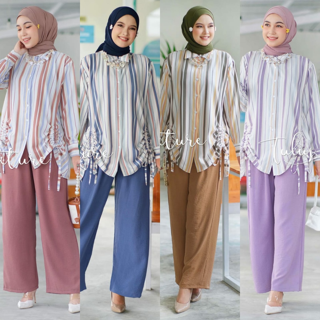 Tulus Signature Zema Set / One Set Wanita Jumbo Tory Uniqlo Mix Airflow Premium Motif Garis Stripe P
