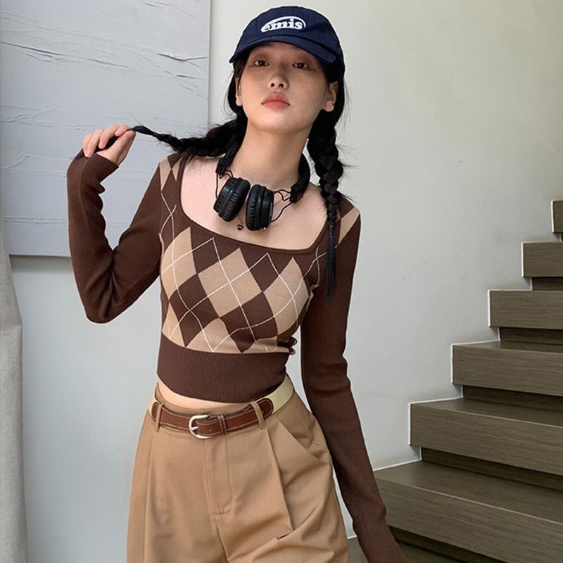 Kotak Kotak Wanita Rajut Lengan Panjang Sweater Knit