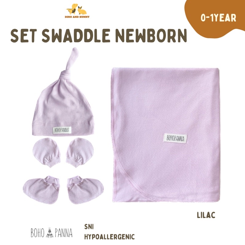 SET SWADDLE +  KNOT HAT + MITTEN BOOTIES + FREE POUCH - Special Bundle 3 in 1 - Bohopanna -Hempers Newborn Set Bedong Topi Sarung Tangan Kaki Bayi - Selimut Bayi