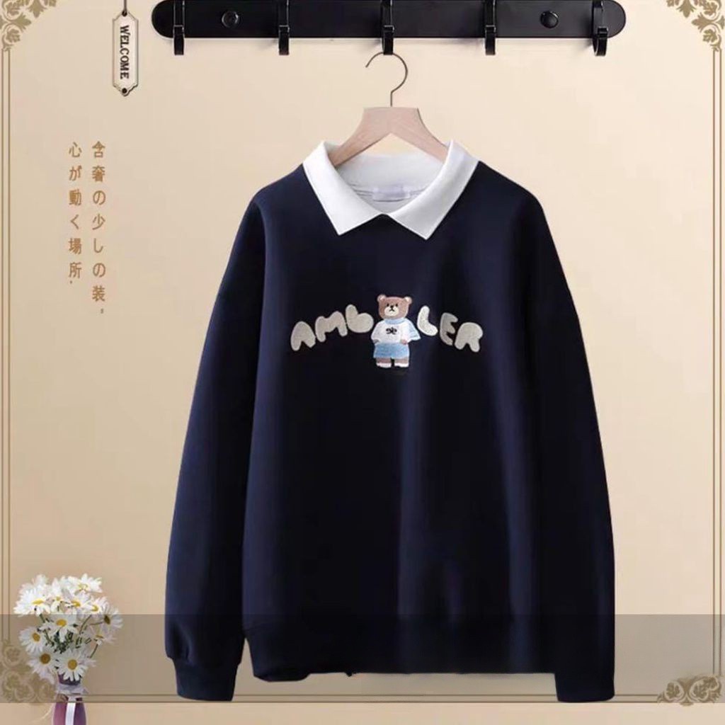 AMBLER BEAR COLAR Sweater Crewneck Oversize Wanita Atasan Blouse Terbaru Motif Cute Korean Fashion Style Kasual Kekinian FLEECE Tebal