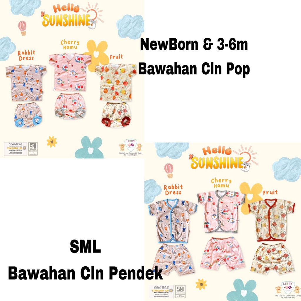 Libby Stelan Baju Kancing Depan Pendek + Celana Pendek 0-3m 3-6m SML