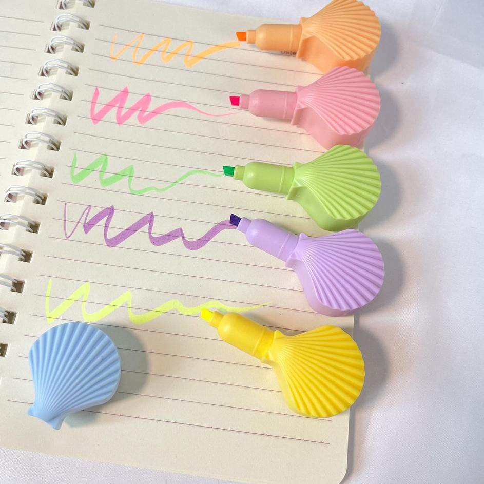 

Miliki Highlighter 5 warna bentuk Kerang Shell Laut Sea Mermaid warna pastel Stabilo Tumpuk Lucu Unik ✓