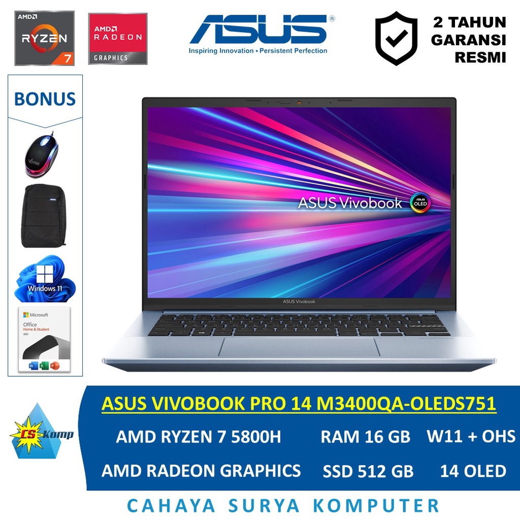 ASUS VIVOBOOK PRO 14 M3400QA-OLEDS751 AMD Ryzen™ 7 5800H AMD Radeon RAM 16GB SSD 512GB W11 OHS 14 OLED