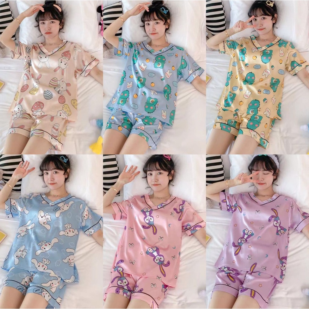 GROSIRTAS TG0335 Set Baju Tidur Wanita Import/Piyama Satin Berkarakter