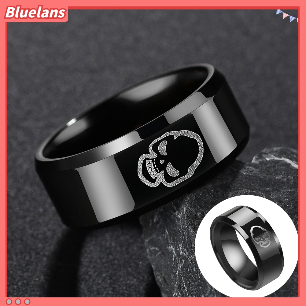 Cincin Pria Motif Print Tengkorak Bahan Stainless Steel Untuk Pesta