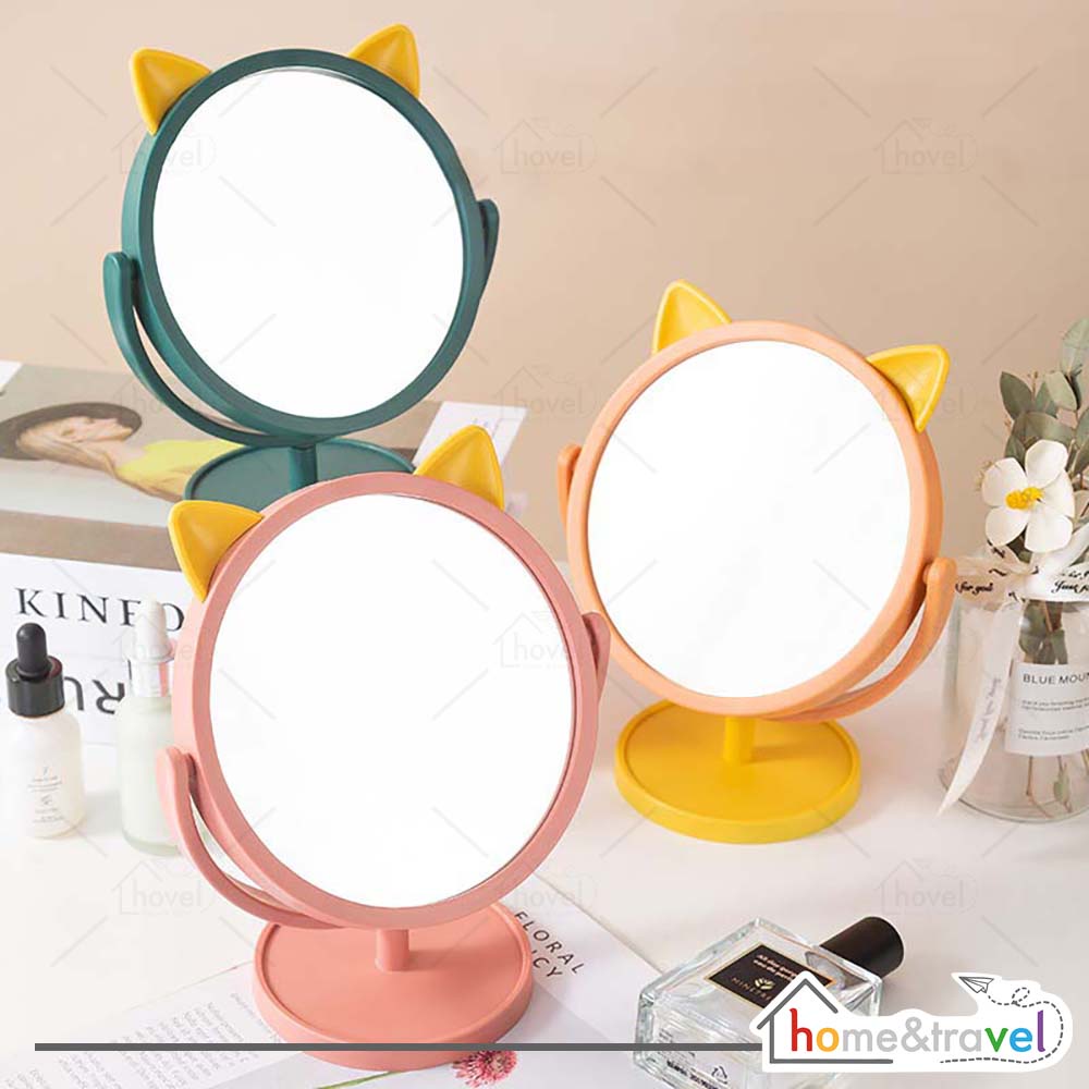 HOVELSHOP Cermin Make Up Motif Telinga Kucing Panda Kaca Rias Bulat Meja Standing Mirror