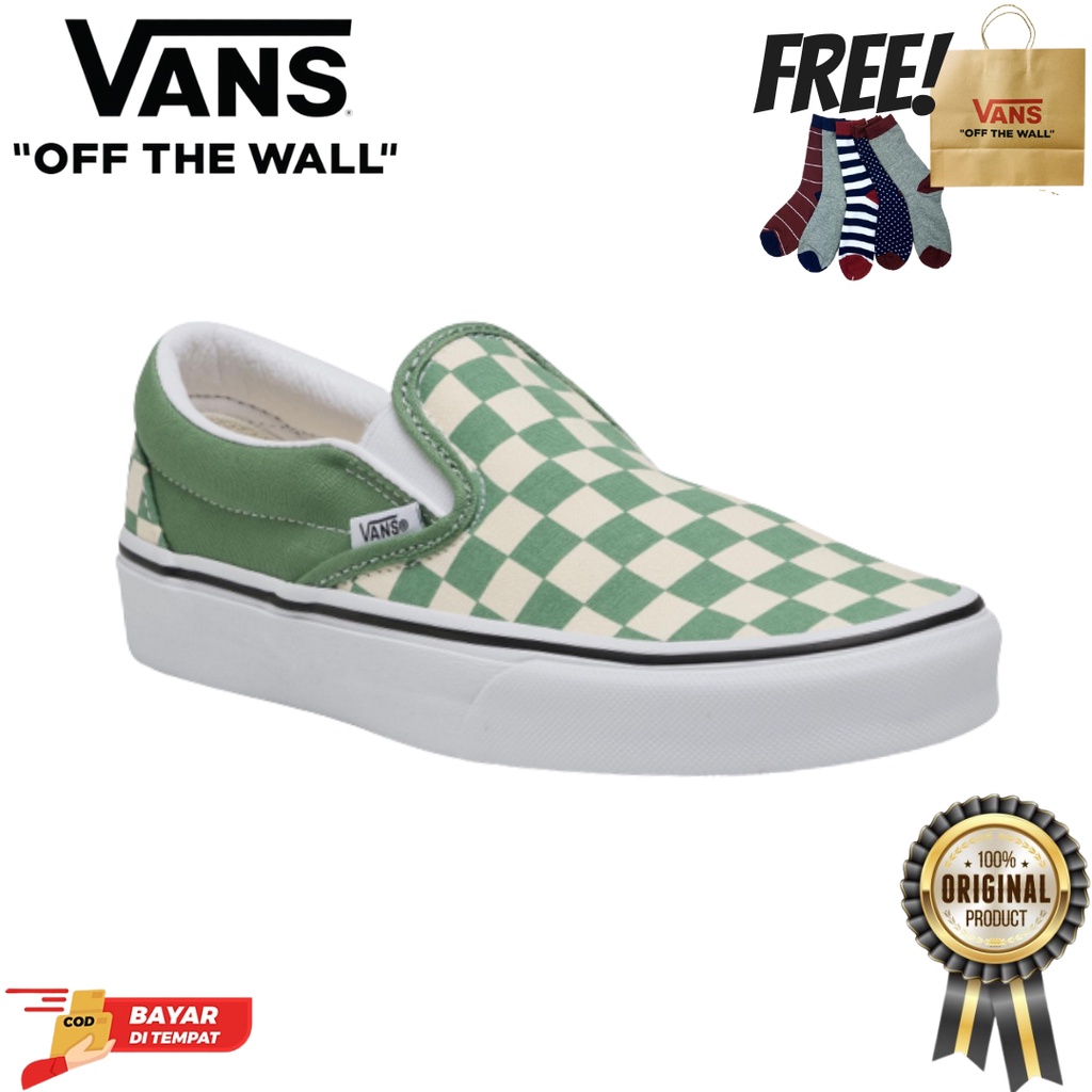 SALE DISKON! V4NS SLIP-ON CHECKERBOARD SHALE GREEN CLASSIC 100% ORIGINAL BNIB