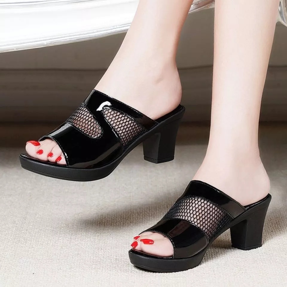 sandal heels wanita jaring selop korean style kondangan