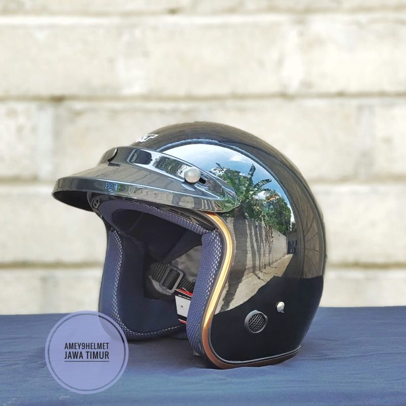 HELM BOGO LIST CHROME ORIGINAL SNI RETRO DEWASA KACA DATAR