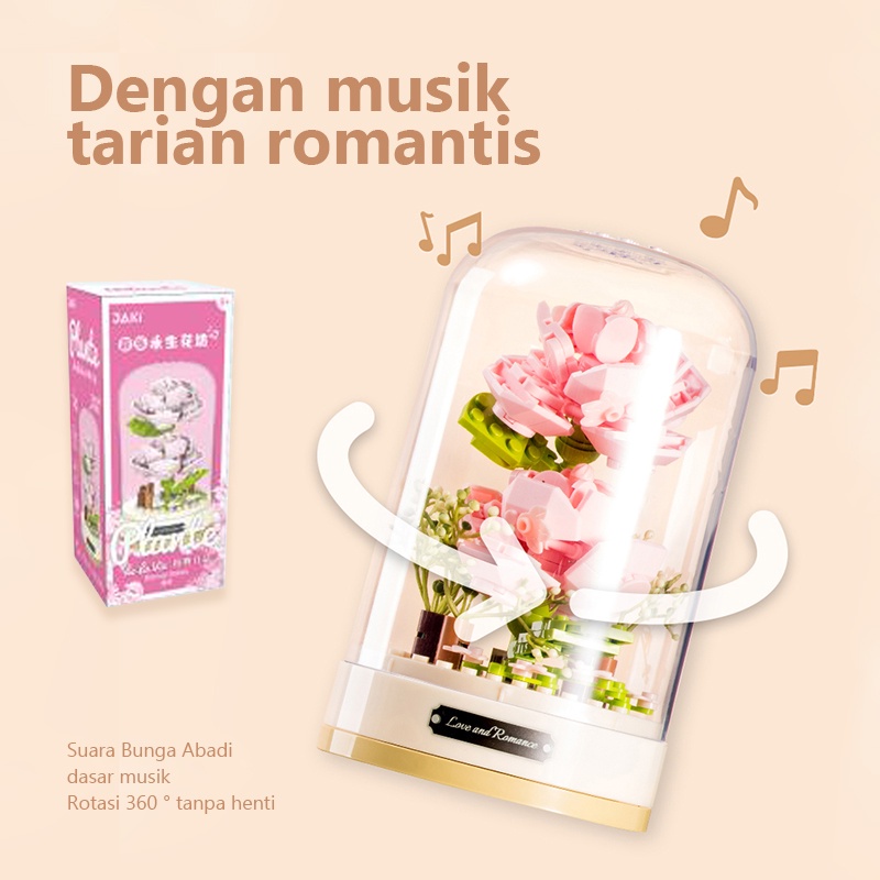 Kotak Musik Mainan Brick Balok DIY Buket Bunga Blok Susun Bangunan Flower Bouquet Untuk Dekorasi Meja Hadiah Ulang Tahun (Dengan Penutup Layar）