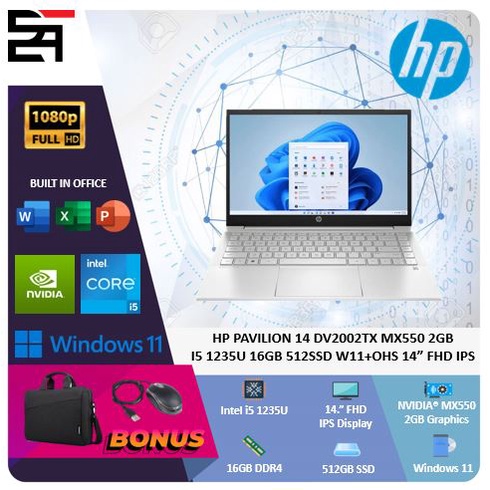 HP Pavilion 14 MX550-2GB i5 1235U 16GB 512GB SSD W11+OHS 14 Inchi FHD IPS Blit