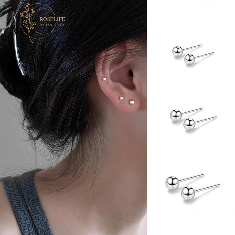 1 Pasang Anting Stud Tindik Bentuk Bola Kecil Bahan S925 Silver Anti Alergi Ukuran 3 / 4 / 5mm Untuk Wanita