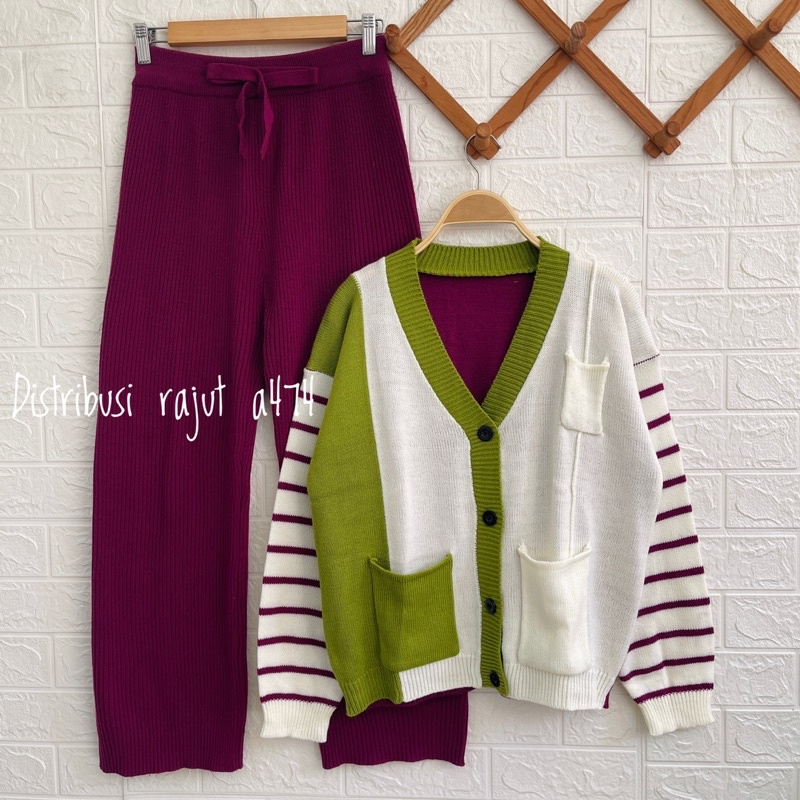 ONESET REGINA CARDIGAN RAJUT MOTIF STIPES SETELAN KULOT WANITA