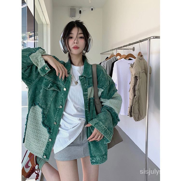 #Sisjuly# Jaket denim tambal sulam hijau vintage wanita jaket longgar baru wanita atasan