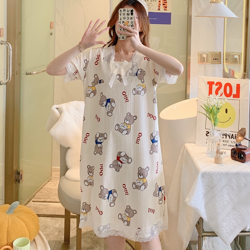 MURHOL Baju Daster Renda Lengan Pendek Wanita Besar Baju Tidur Piyama Motif Karakter Baju Rumah Lucu