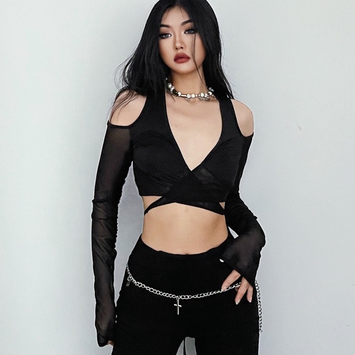 【AMY J】Fashion Sexy  Hollow Out Bandage Crop Top Vest T-Shirt  7101