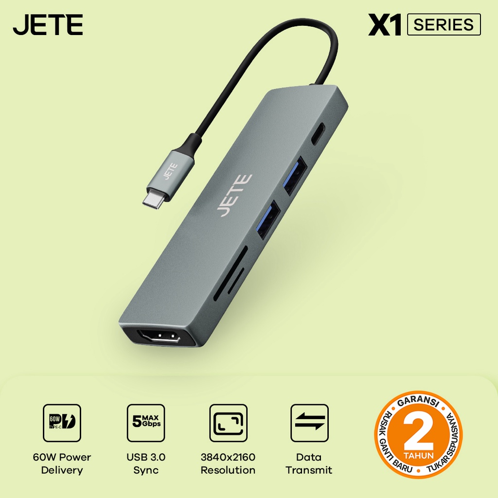 Converter HDMI USB 6in1 JETE X1 - Konverter Usb Type C To HDMI | Tipe C Ke Usb 3.0 Hdmi - Garansi Resmi 2 Tahun