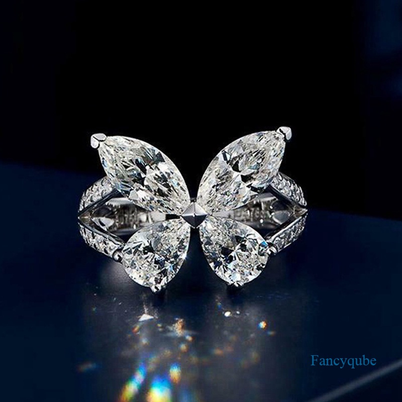 Fancyqube Cincin Bentuk Kupu-Kupu Warna Silver Aksen Kristal Cubic Zirconia Untuk Wanita