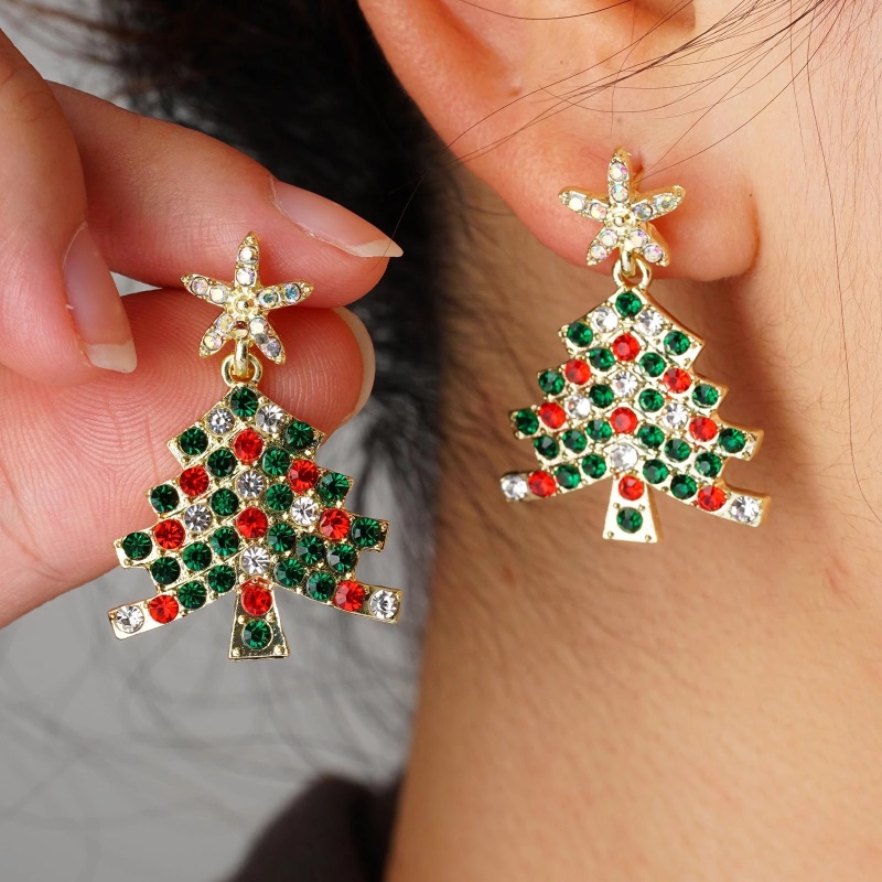 1 Pasang Anting Liontin Pohon Natal Bahan Zirkon Kristal Warna-Warni Untuk Wanita