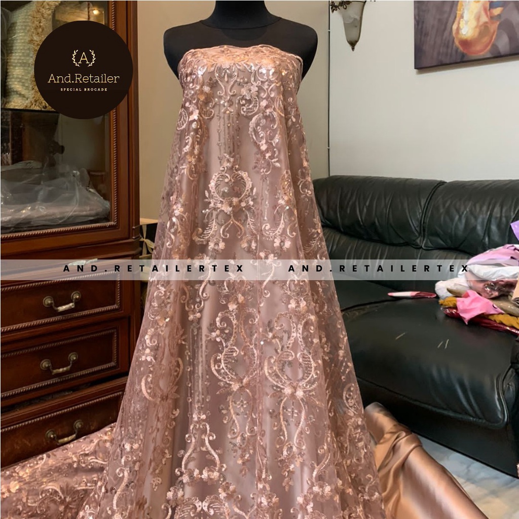 Bahan Kebaya Kain Brokat Tile Payet Gloria Full Payet Warna Milo Semi Rose Gold