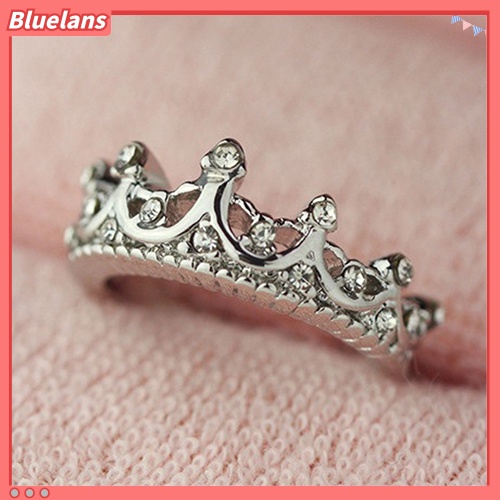 Bluelans Cincin Lapis Silver Bentuk Mahkota Ratu Princess Aksen Berlian Imitasi Untuk Wanita