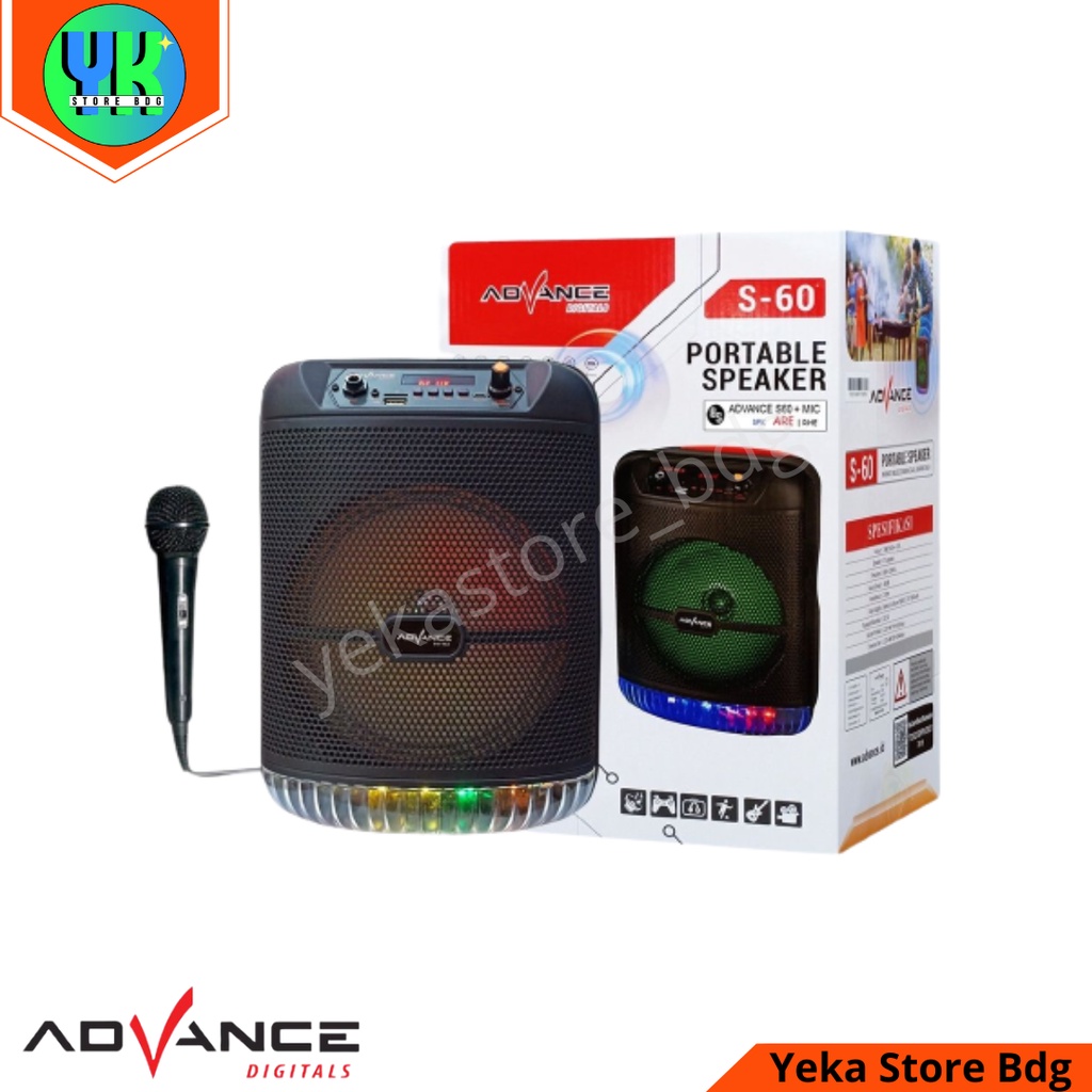 SPEAKER BLUETOOTH ADVANCE S-60 (Extra Bass, Speaker Portable Bluetooth 8 Inch + Mic)