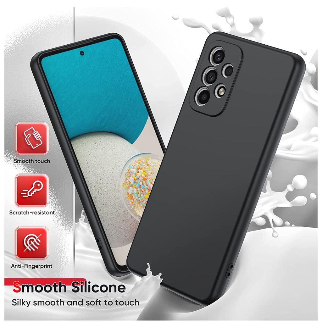 Liquid Silicone Case SAMSUNG A24 A54 A53 A73 A34 A33 A23 A14 A13 A52 A52s A72 A32 A22 A21s A12 A10s M12 Silikon Casing Full Cover Body Screen Camera Protective, Shockproof Slim Phone TPU Anti Scratch Soft Microfiber Lining Black Hitam Tipis Galaxy 4g 5G s