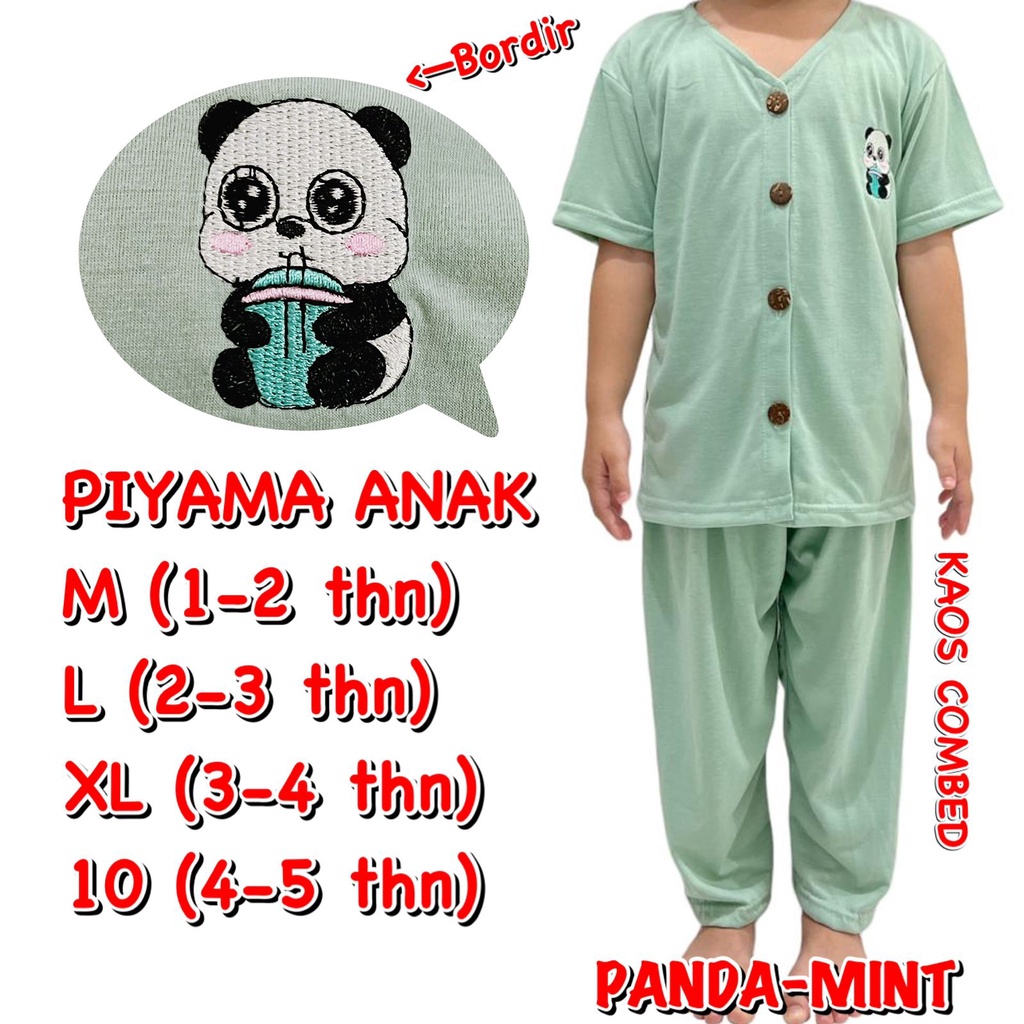 (1 KG MUAT 6 STEL) BAJU TIDUR ANAK KIDS PEREMPUAN/LAKI-LAKI/CEWEK/COWOK SETELAN/STELAN BAHAN KAOS KATUN CP KANCING BORDIR PANDA MINT