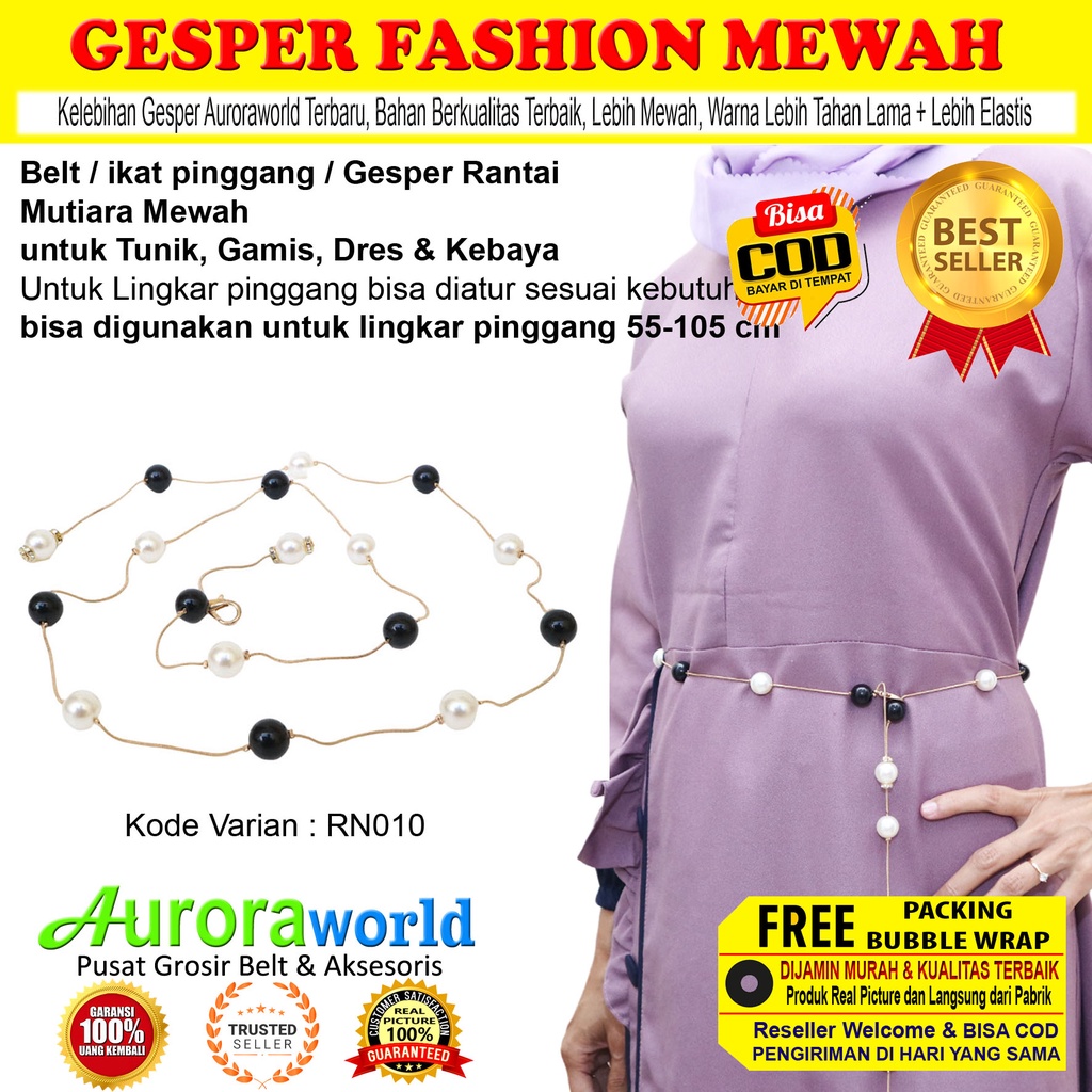 Auroraworld Belt wanita ikat pinggang mutiara gesper rantai perempuan mewah untuk dress gamis tunik tali pinggang cewek Fashion korea Terbaru bisa COD RN-1A