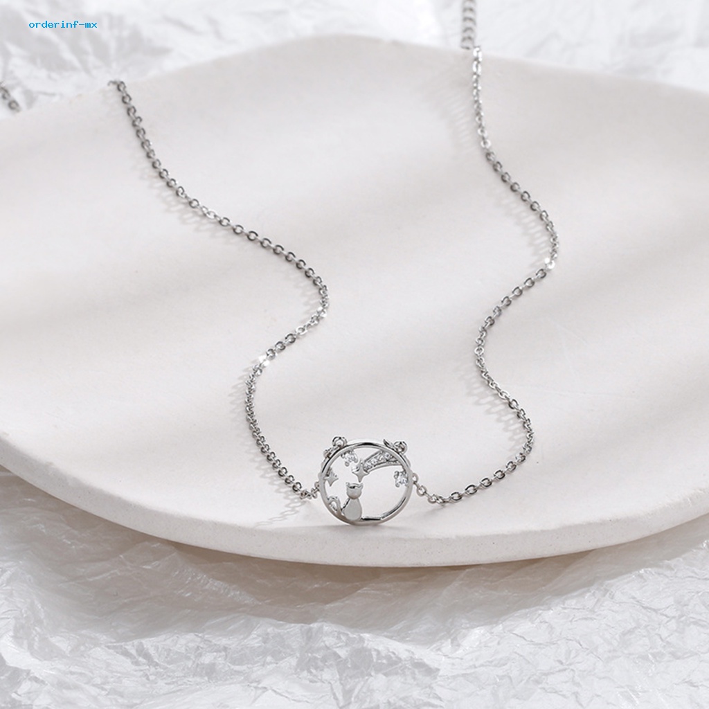 Kalung Rantai Klavikula Hias Liontin Bintang Kucing Aksen Berlian Imitasi Untuk Wanita